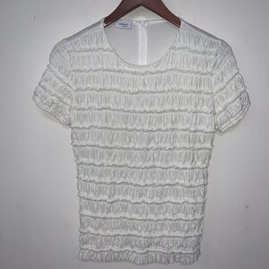 Akris Punto Cream Tiered Ruched Ruffle Front Smocked Top Quiet Luxury US 10